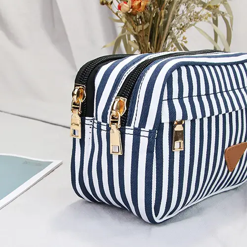 Striped Pattern Blue Mens Toiletry Bag Travel Kit White Makeup Bag